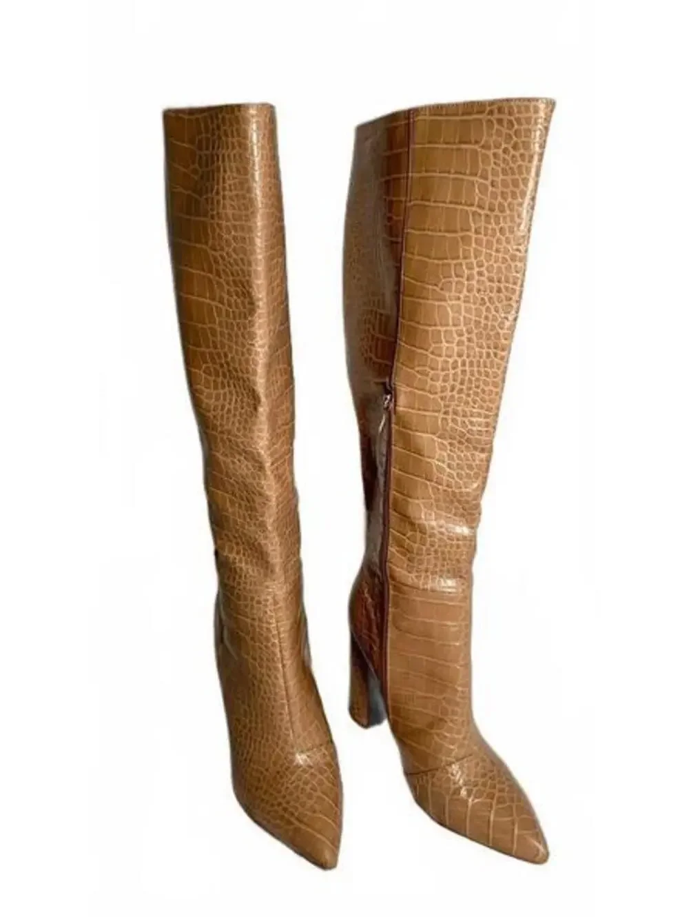 Billini Milla Knee High Boots Beige Croc Embossed Block Heel Pointed Toe size 8